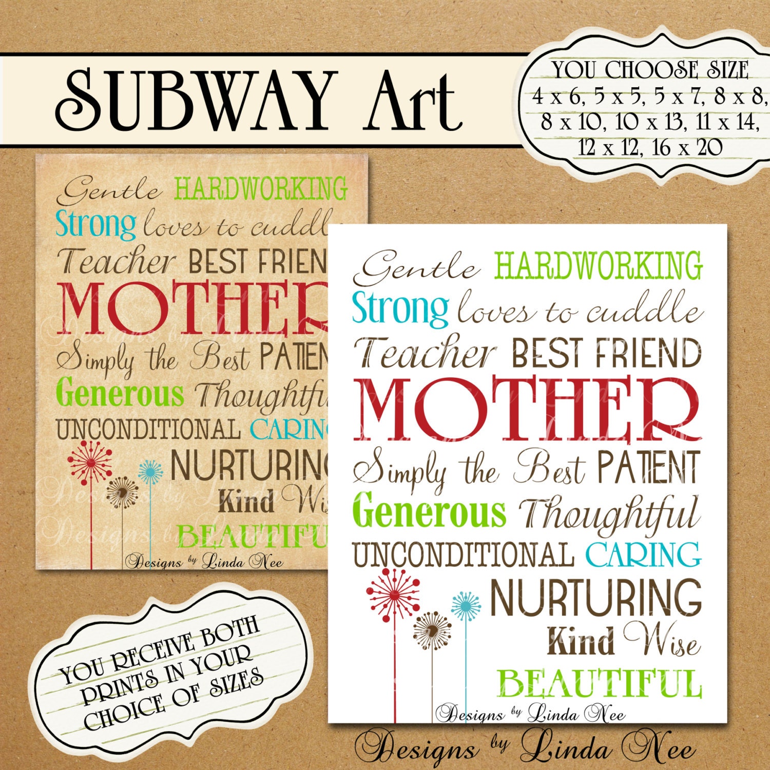 Printable MOTHER Typography - Subway Art Wall Printable - You choose one size - 4x6, 5x5, 5x7, 8x8, 8x10, 10x13, 11x14, 12x12, 16x20