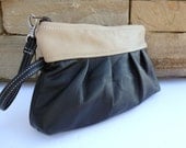 Black Leather Clutch - Pleated with Carmel Brown top - Wristlet
