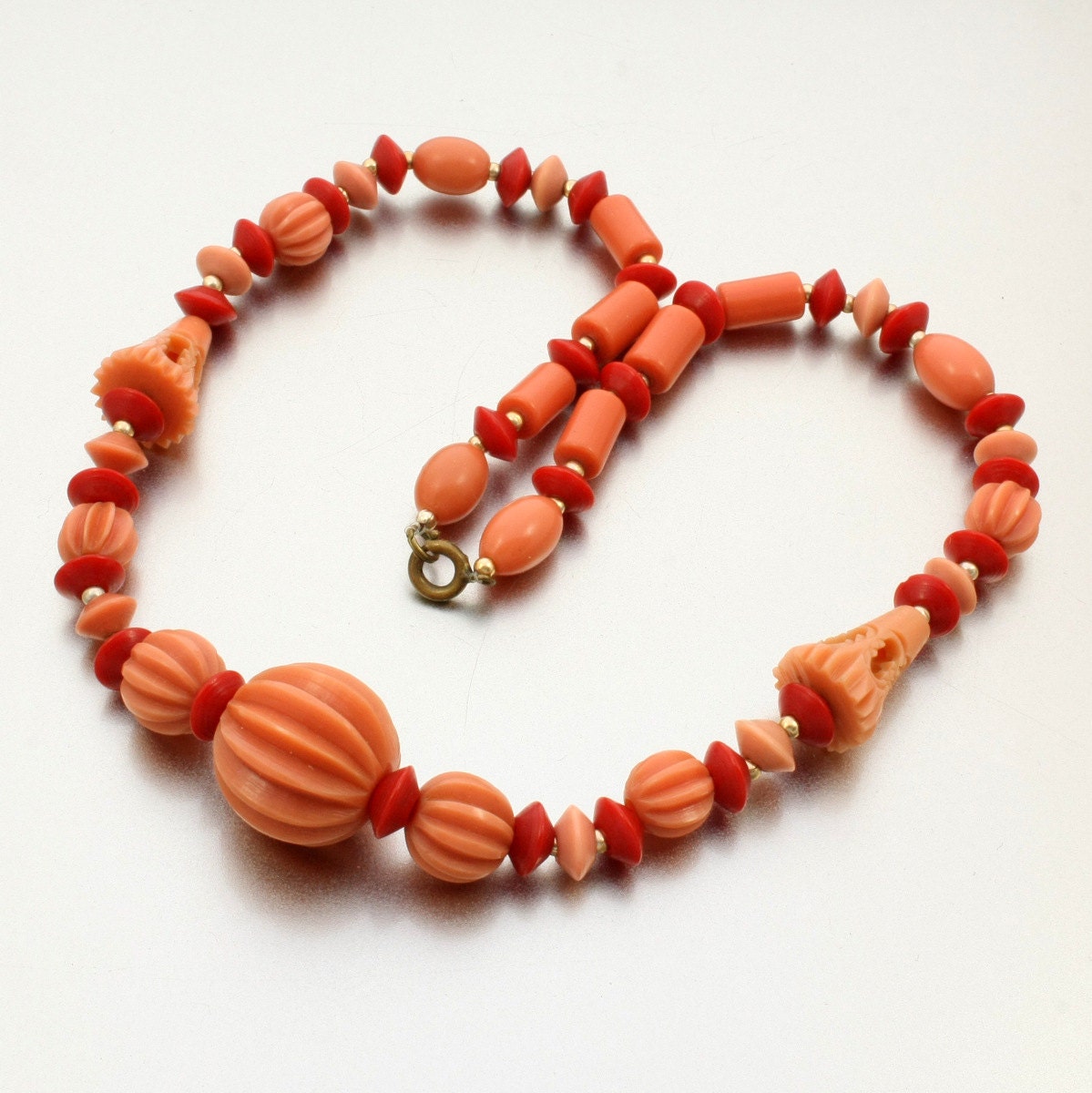 Art Deco Carved Celluloid Necklace, Coral and Red Bead