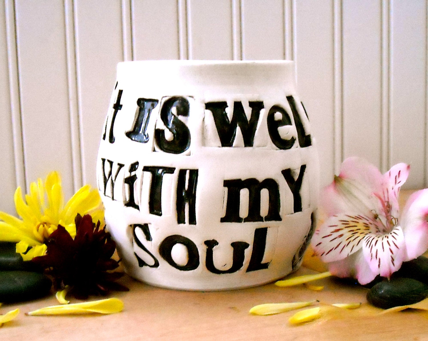 Coffee Mug - It Is Well With My Soul - Zen Garden HandMade Words & Flower Namaste Tea Cup - Rustic Letterpress Stamped Inspirational Mug