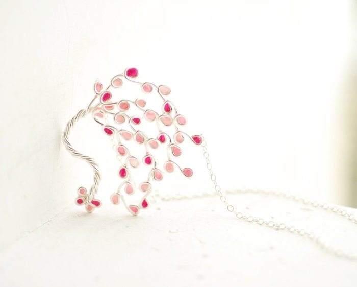 Cherry Blossom Tree Necklace in Sterling Silver, Soft Magenta Pink, Eco Friendly Designer Jewelry, Windswept...