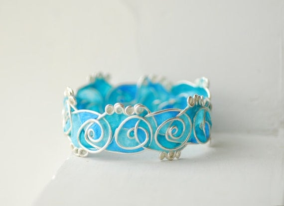 Ocean Surf Bangle in Sterling Silver, Statement Jewelry Wearable Art, Blue Sea Ampersand Design, Crashing Waves Bracelet...