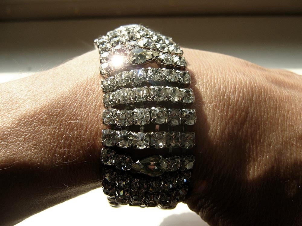 Wide Art Deco Clear Rhinestone Bracelet Downtown Abbey Flapper Style 1950's 60's vintage