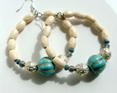 Ivory Beauty Wood & Turquoise Hoop Earrings - African Earrings - Bohemian Earrings - stoneandbone