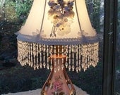 Antique Pink Roses Lamp with Handmade Embellished Cherub Shade
