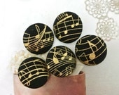 Handmade Fabric Buttons - Classic Black Gold Music Muscial Note Fabric Covered Buttons 1.1 Inch 5's