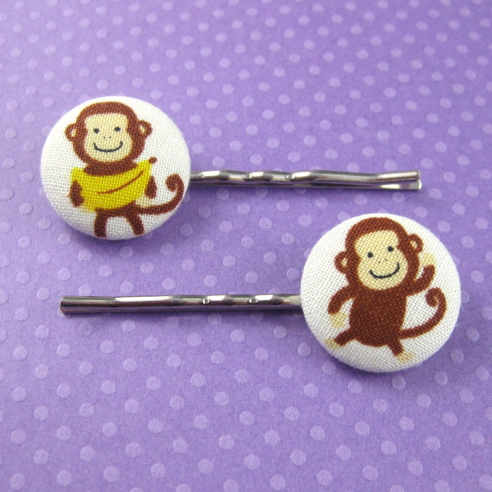 Monkey Bobby Pins - Monkey Fabric Covered Buttons - Monkeys and Bananas