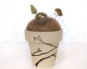 Spring Birdie Pincushion Gift Set with Bird Nest and Leaf Pins - Pin Cushion Ready To Ship