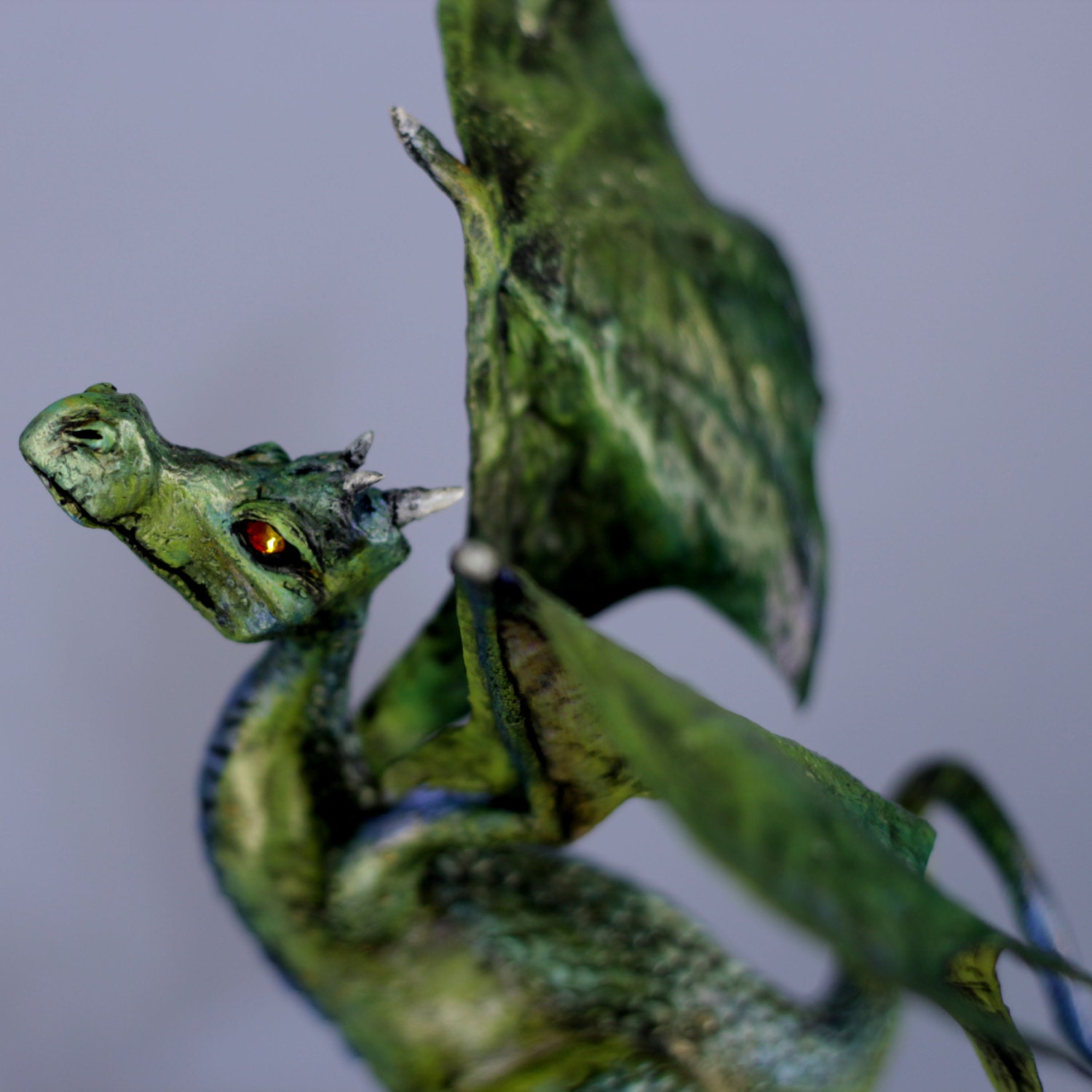 Dragon Sculpture, Figurine, Fledge the Dragon, Green and Blue Dragon Leaping Into Flight From a Rock