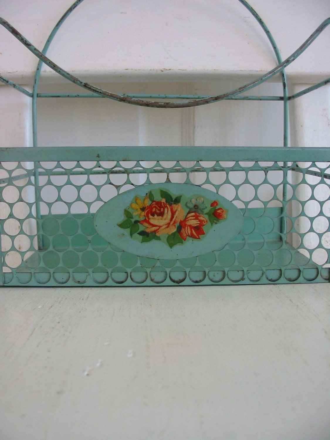 Vintage Metal Shelf Rack Shabby Cottage Chic Mint Green Flower Decal Rose Garden