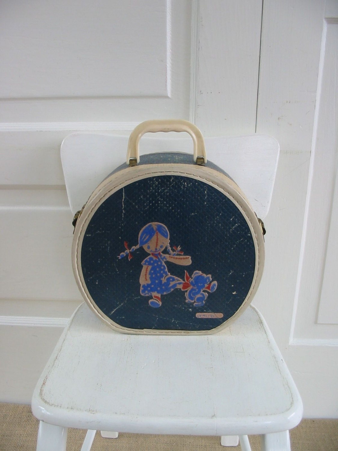 Vintage Children Train Case Suitcase Blue Doll