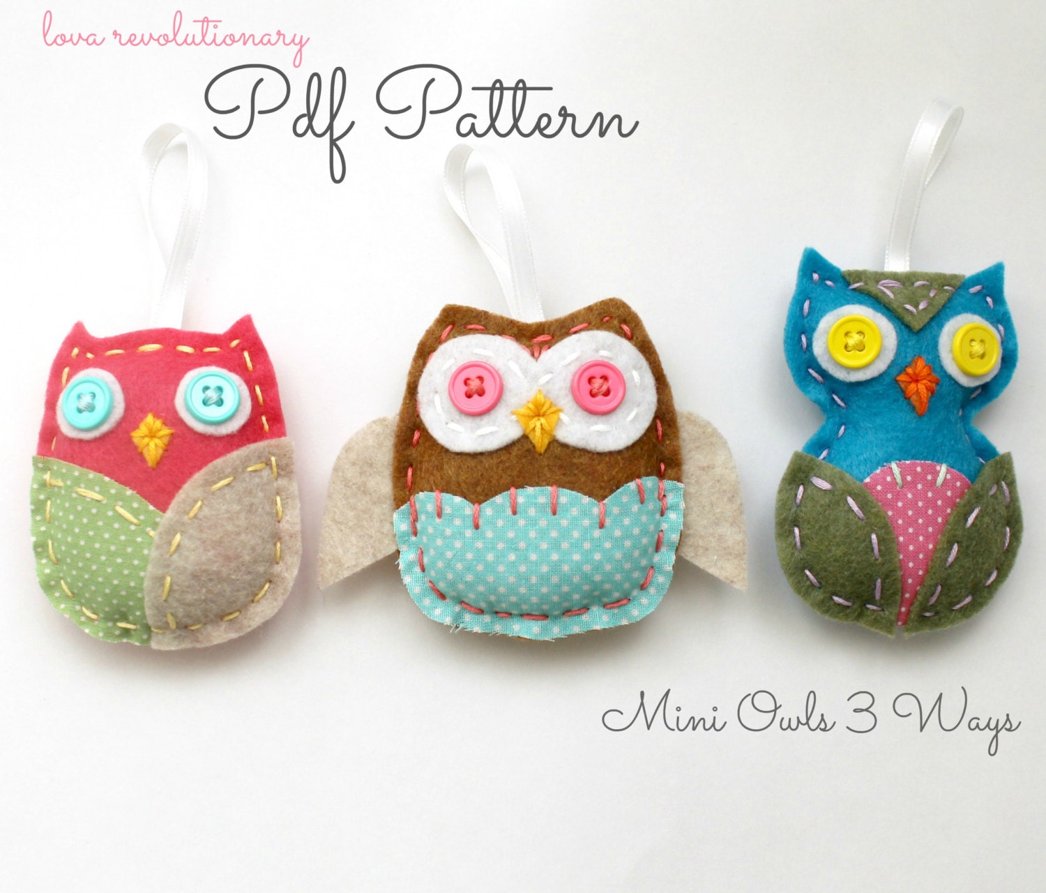 PDF Pattern Felt Owl Softie Ornaments Mini 3 Ways Brooch Pin DIY Tutorial Crafts