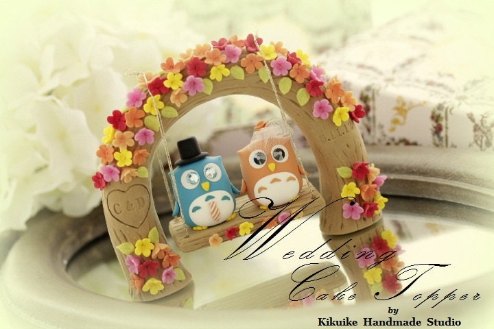 Custom Wedding Cake Topper -Handmade love Owls with love flower tree and a swing