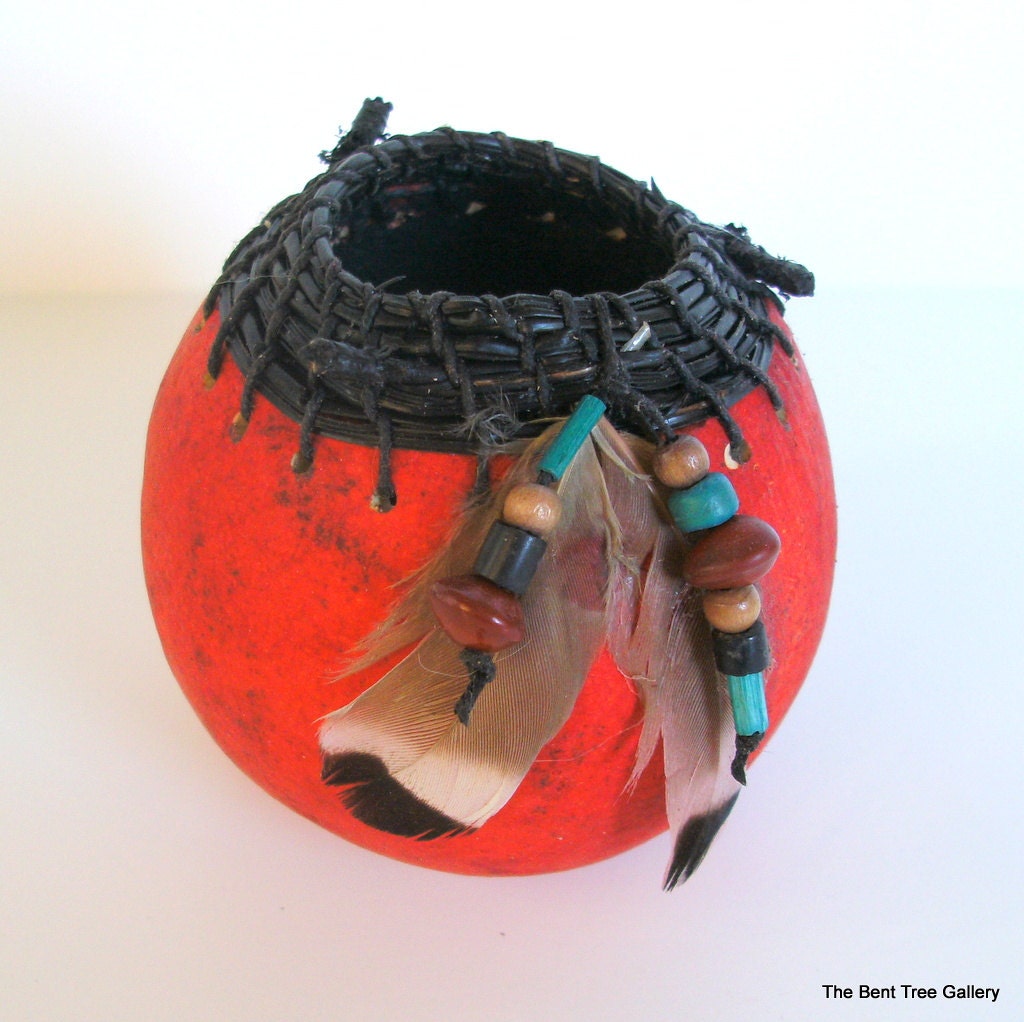 Miniature Red Gourd Embellished  with Pine Needles Feathers and Beads