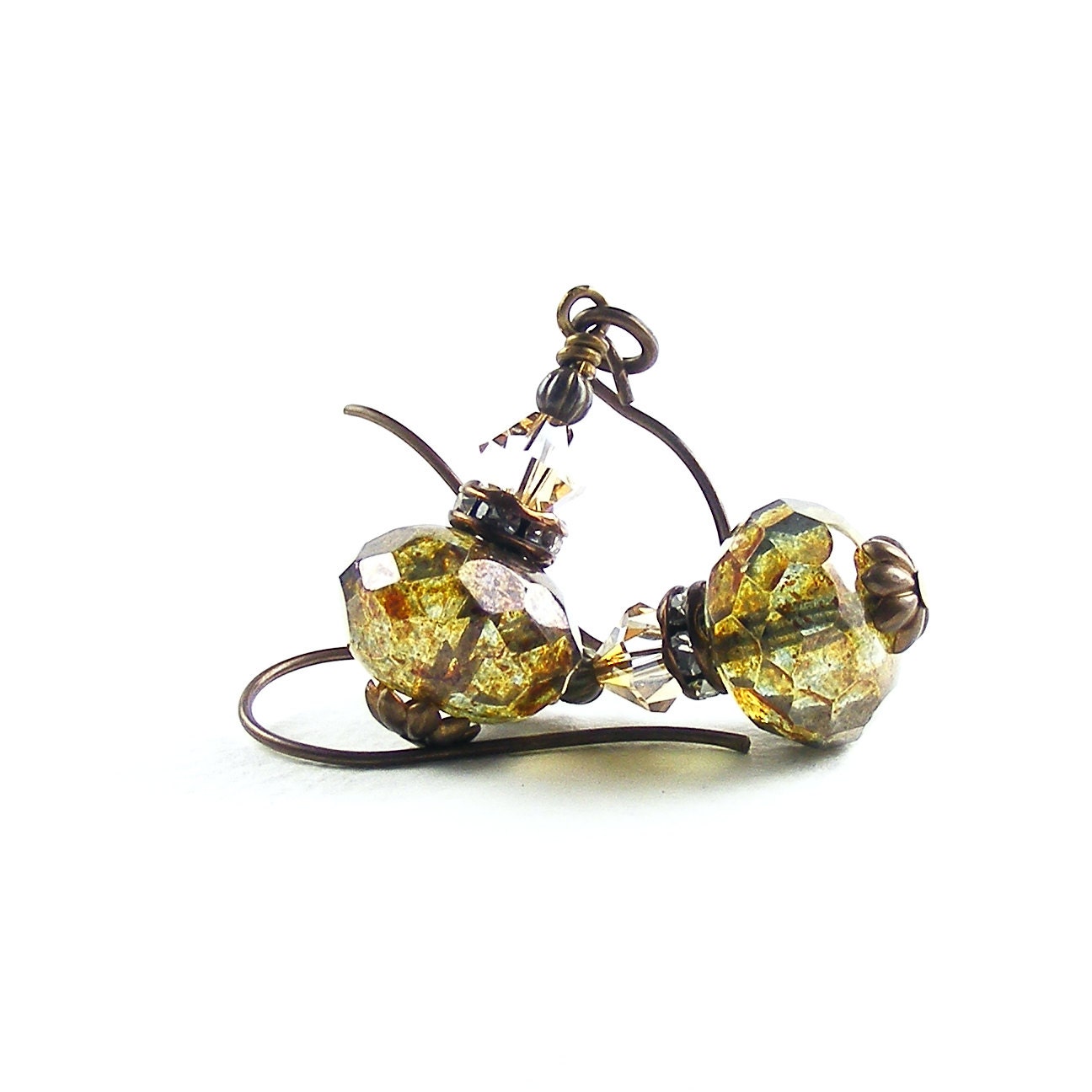 Moss Green Vintage Style Earrings, Victorian Style Earrings, Woodland Brown Antique Brass Dangle Earrings