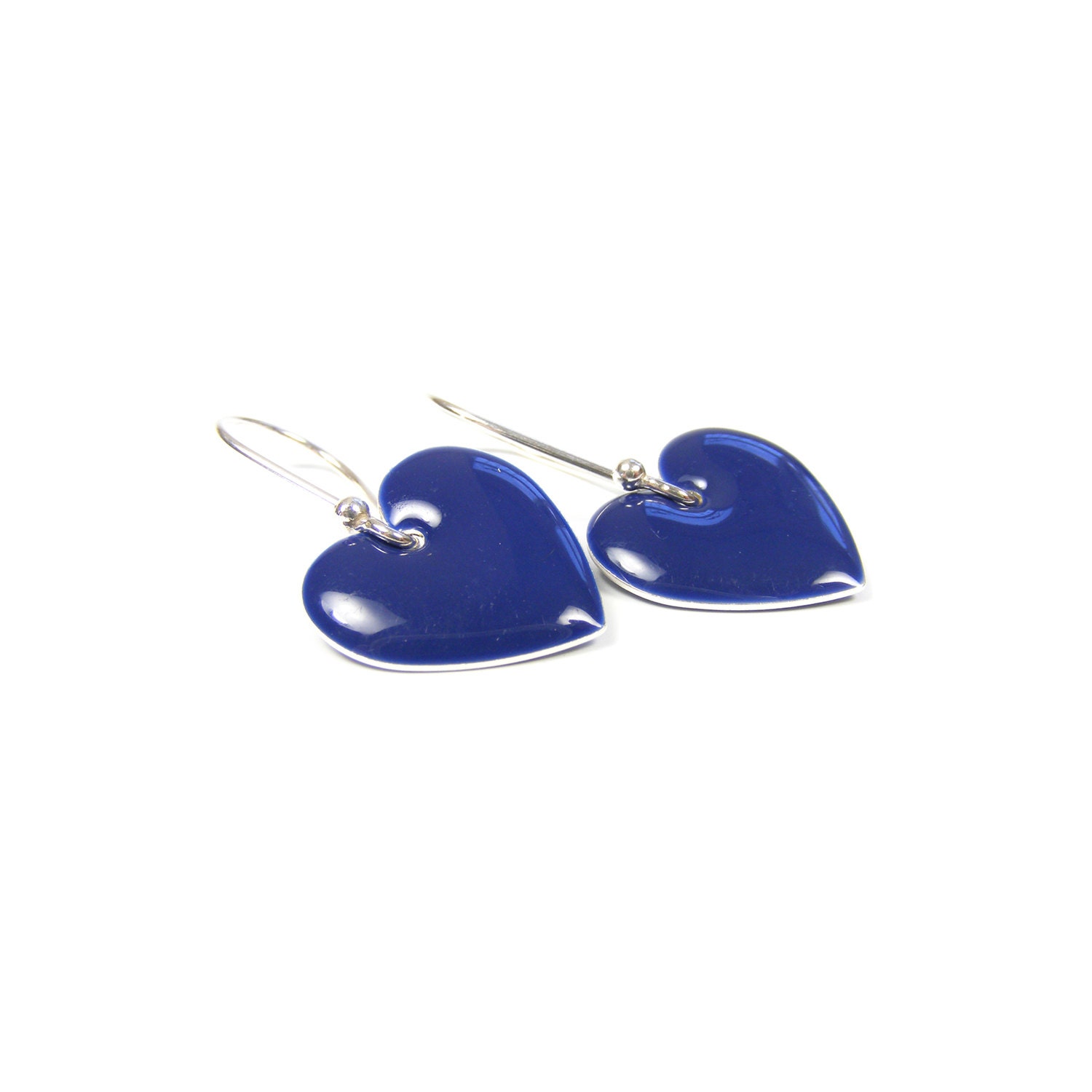 Navy Blue Heart Earrings, Handmade Sterling Silver Dangle Earrings, Dark Blue Enamelled Hearts