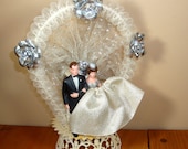 Mid Century Bride and Groom Wedding Cake Topper, Lace Netting, Silver Foil Flowers, Marriage  (312-13)