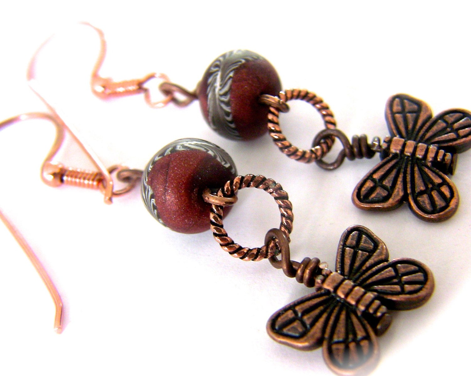 Brown Earrings with Handmade Artisan Beads with Branches, Butterflies and Copper Accents