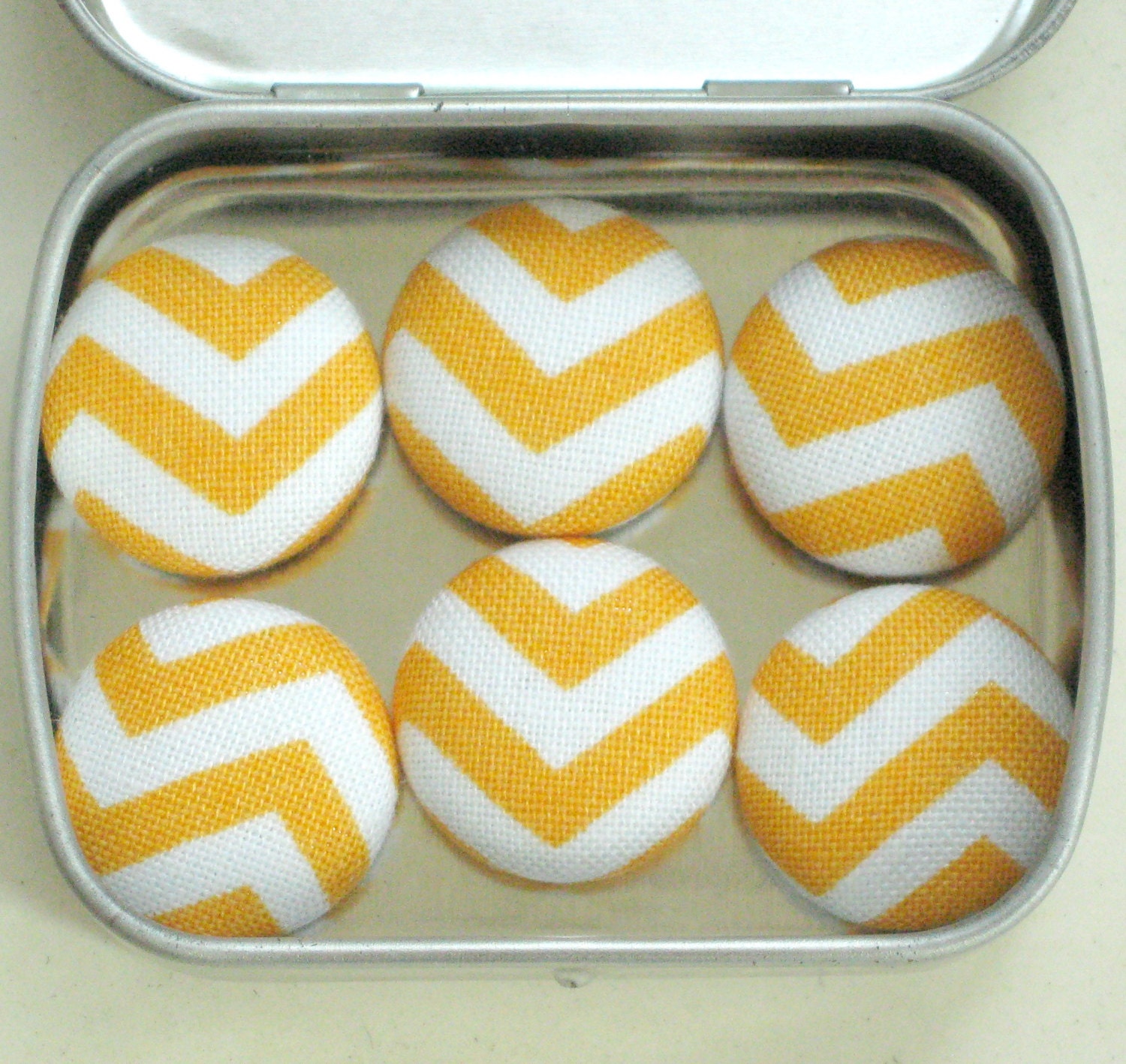 Chevron. . . 6 Fabric Magnets. Orange-Yellow & White. Decorator Magnets. Gift Tin