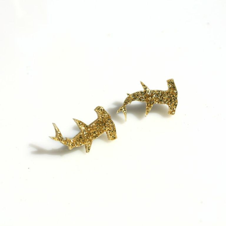 Acrylic Gold Sparkly Hammerhead Shark Post Earrings