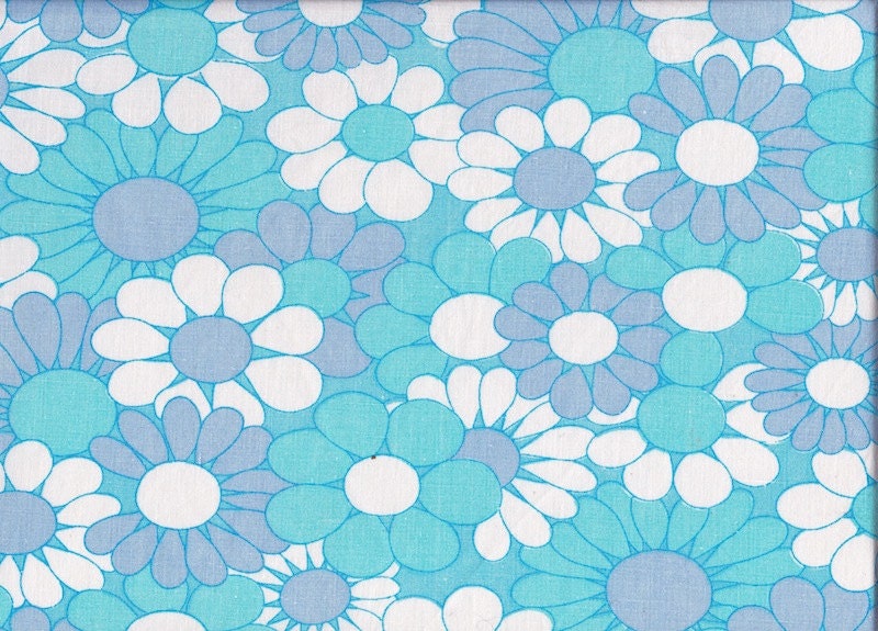 1970s Blue Floral Sheet Fabric