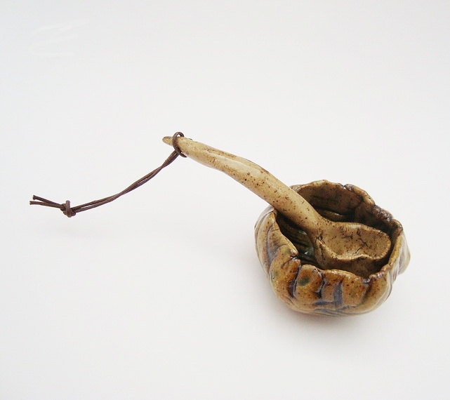 Mini Pottery Ladle, Rustic Primitive, Hobbitware, Tiny Cupped Spoon, Decorative Spoon
