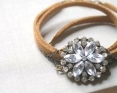 Vintage Style Jeweled Wrap Bracelet, Faux Leather, Glam, Round, Handmade, Aged Brass
