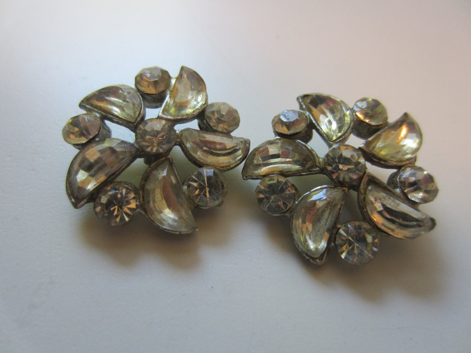 Vintage Buttons -  2 matching, very antique, unique flower design, rhinestone embellished, antique silver metal, (lot 5836)