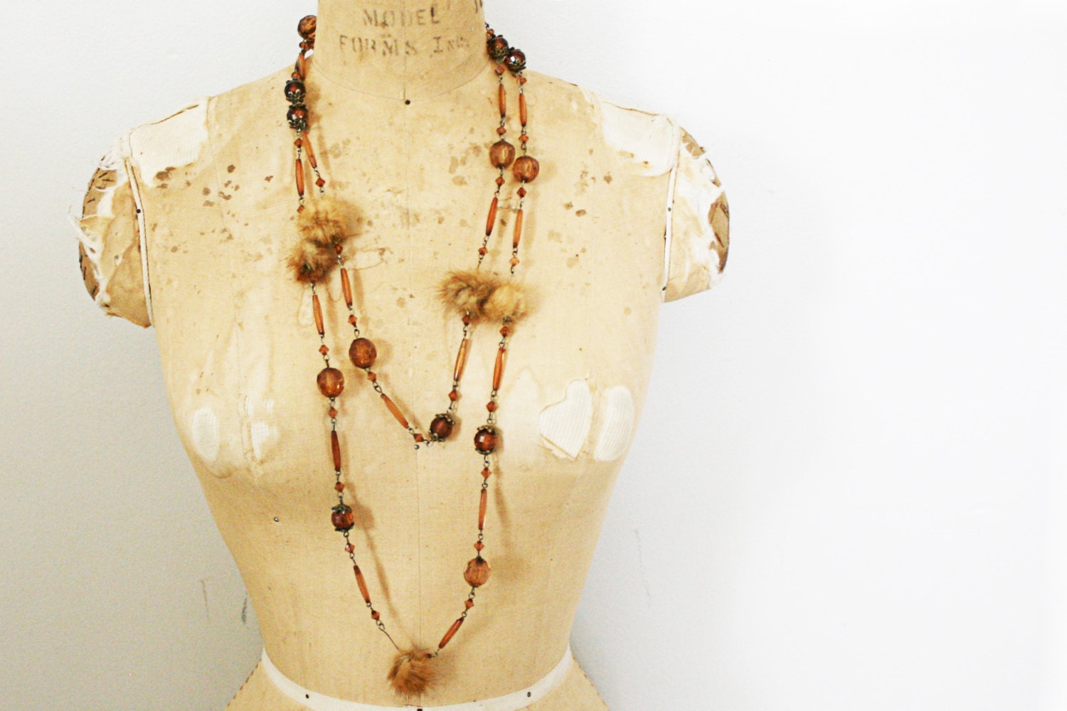 vintage 50s Mink Fur Balls and Cocoa Brown Beaded Extra Long Necklace