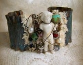 Handmade Assemblage Art Bracelet Vintage Hardware Frozen Charlotte Gypsy Jewelry Vintage Cuff Bracelet Mixed Media Wire Wrapped  Bracelet