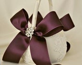 Purple Flower Girl Basket - Purple and Ivory Alencon Lace Flower Girl Basket with Rhinestones
