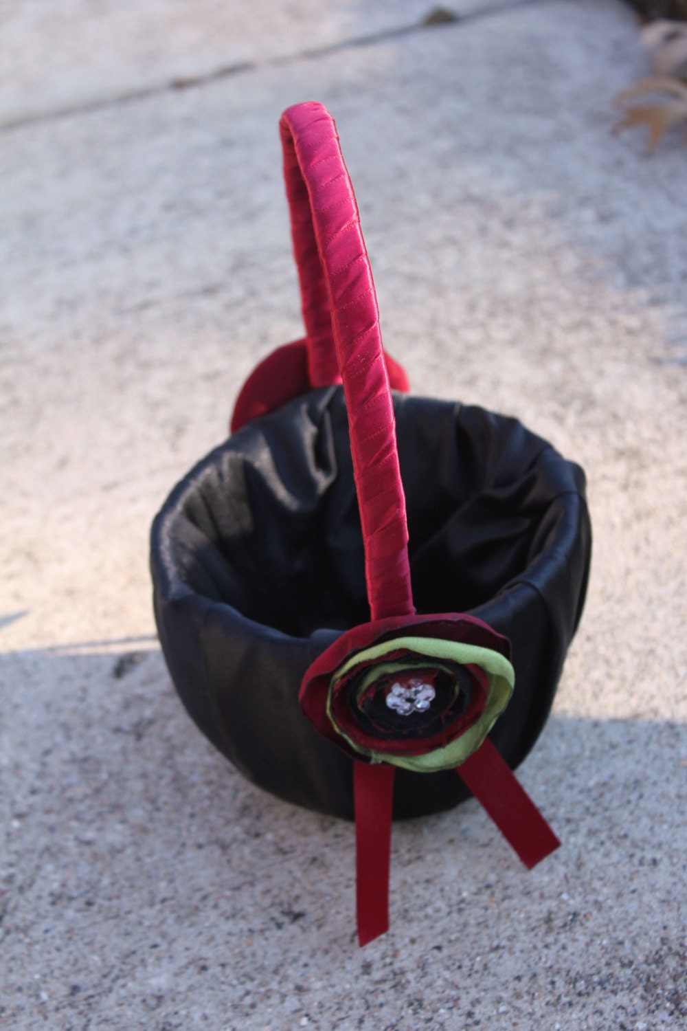 Deep Red, Black and Moss Flower Girl Basket