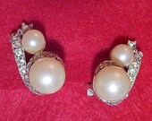 Vintage MARVELLA Rhinestone and Pearl Clip Back Earrings Special Occasion