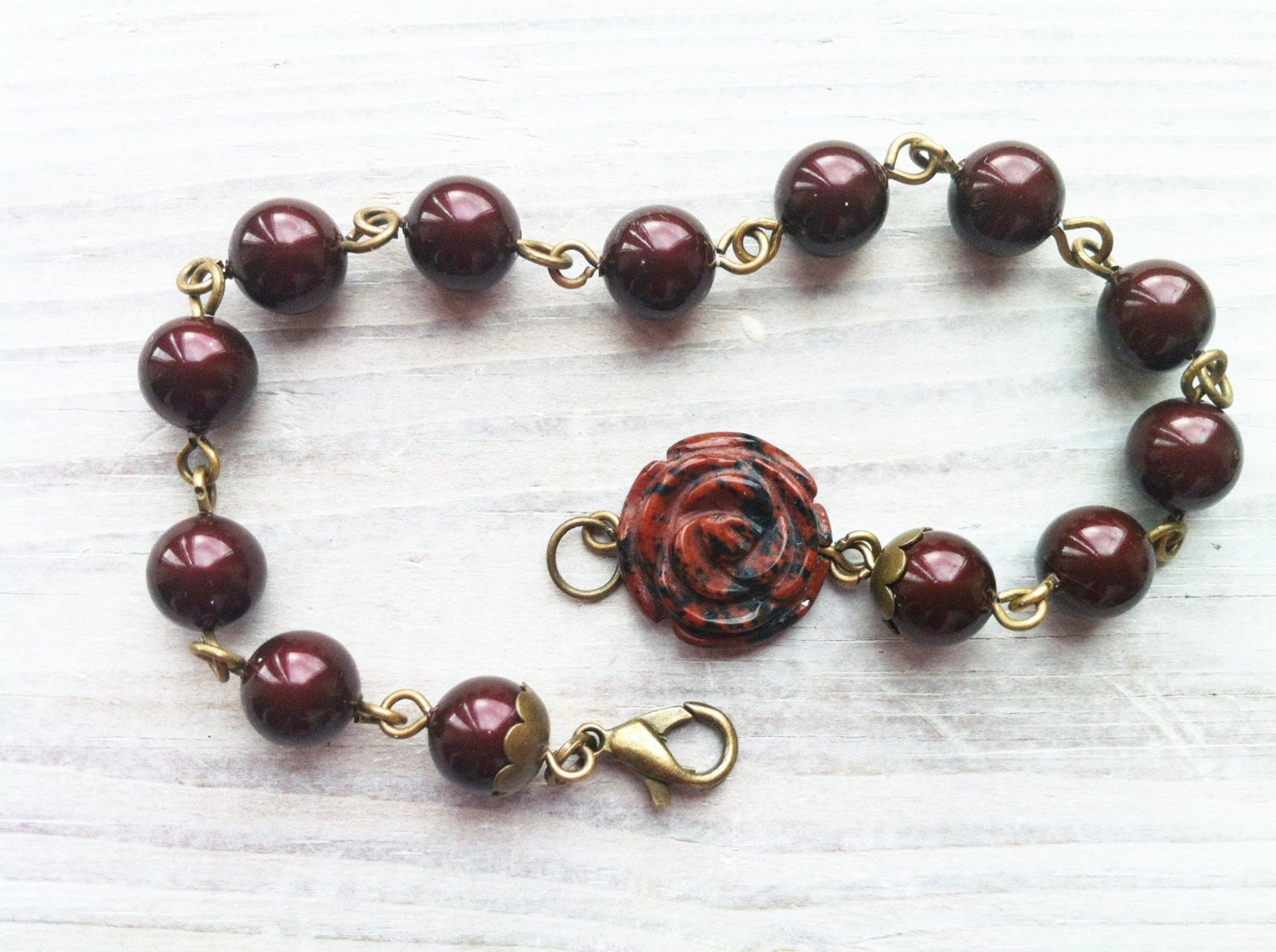 Marie Pearl Bracelet in Deep Plum and Brass