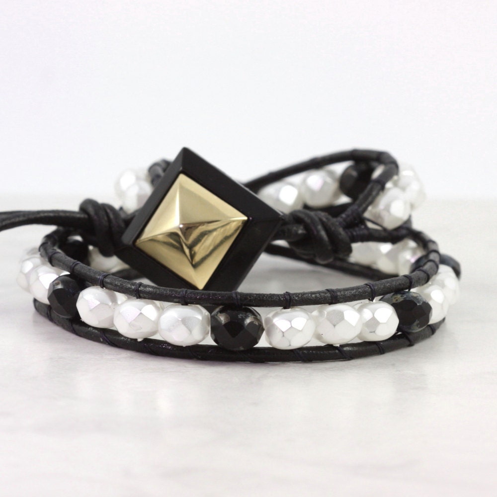 Leather Wrap Bracelet Winter White Czech Glass Black Leather Winter Fashion Gold Bohemian Style Double Wrap Art Deco Jewelry