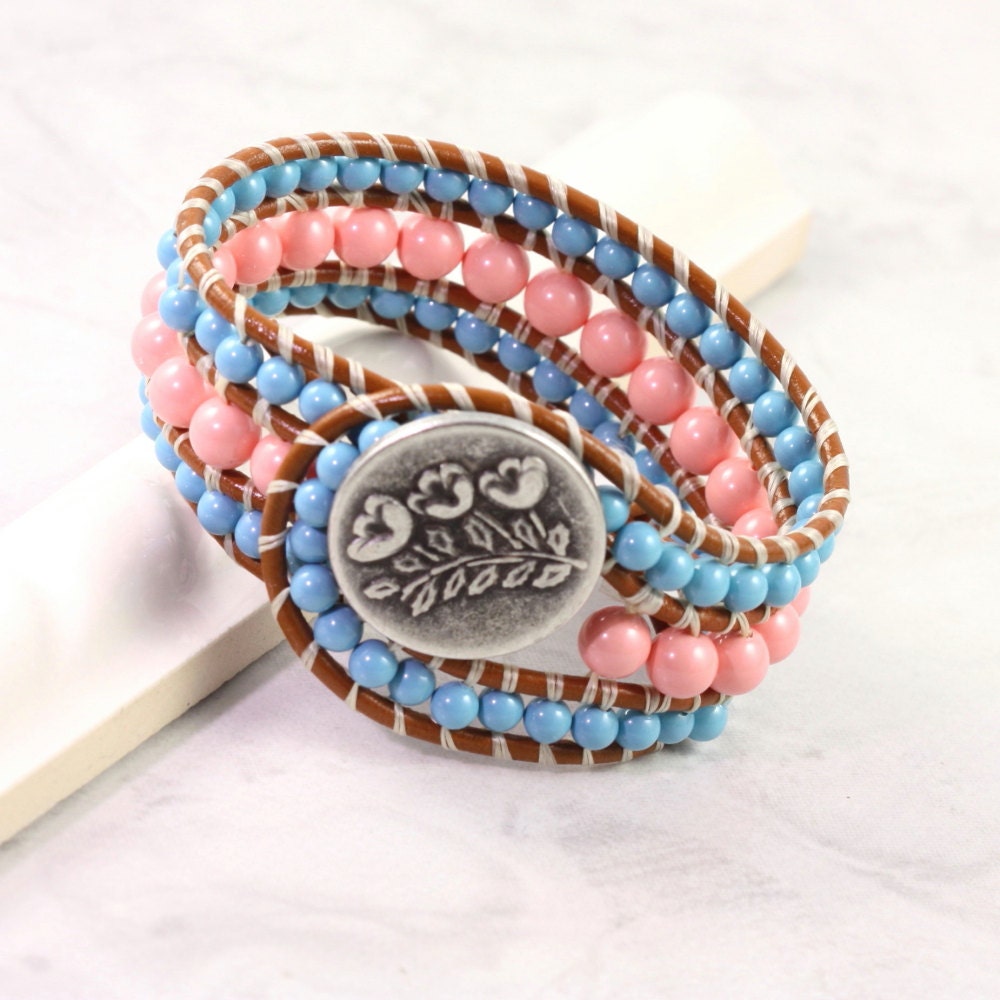 Turquoise Cuff Bracelet Bohemian Style Wrap Bracelet Blue White Pink Coral Boho Jewelry Brown Leather Made To Order Custom Summer Fashion