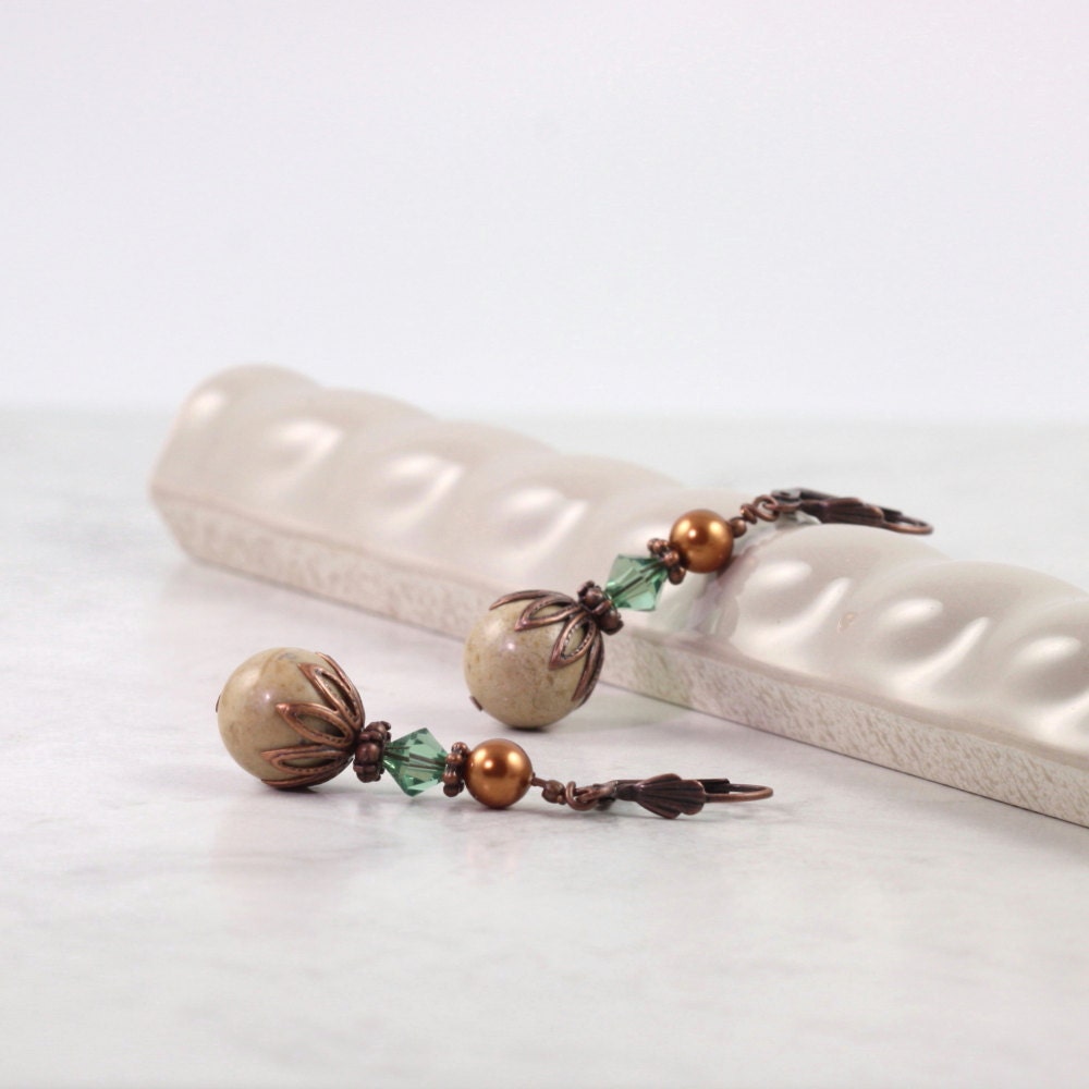Woodland Fairy Earrings Copper Green Boho Jewelry Rustic Riverstone Fall Fashion