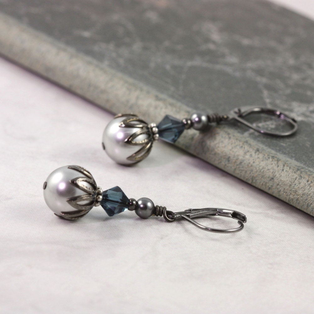 Blue Crystal Earrings Gray Pearl Gunmetal Ear Wires