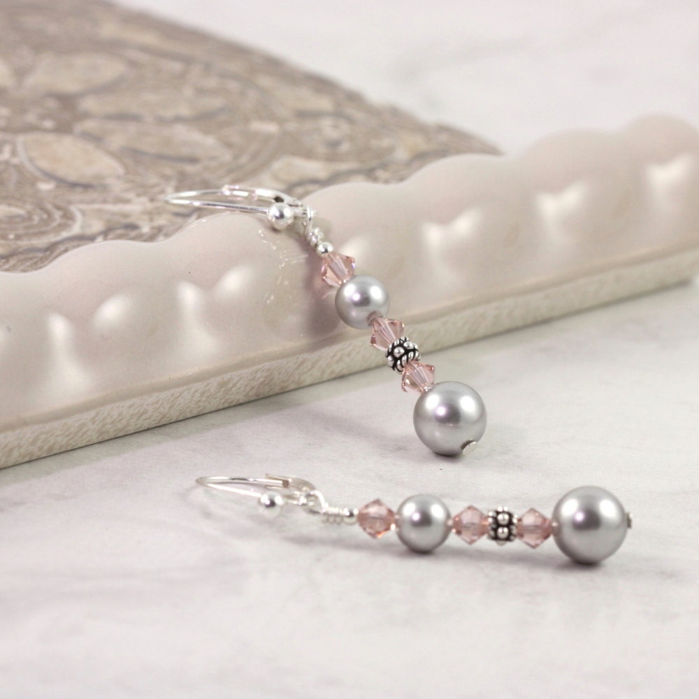 Smoke Gray Pearl Necklace Pink Dusty Rose Mauve Pastel Crystal Sterling Silver Bridal Jewelry Heart Clasp