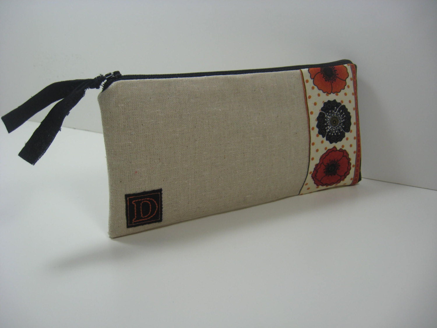 Personalized, Initialed  zipper pouch, iphone wallet, Made To Order - Poppies