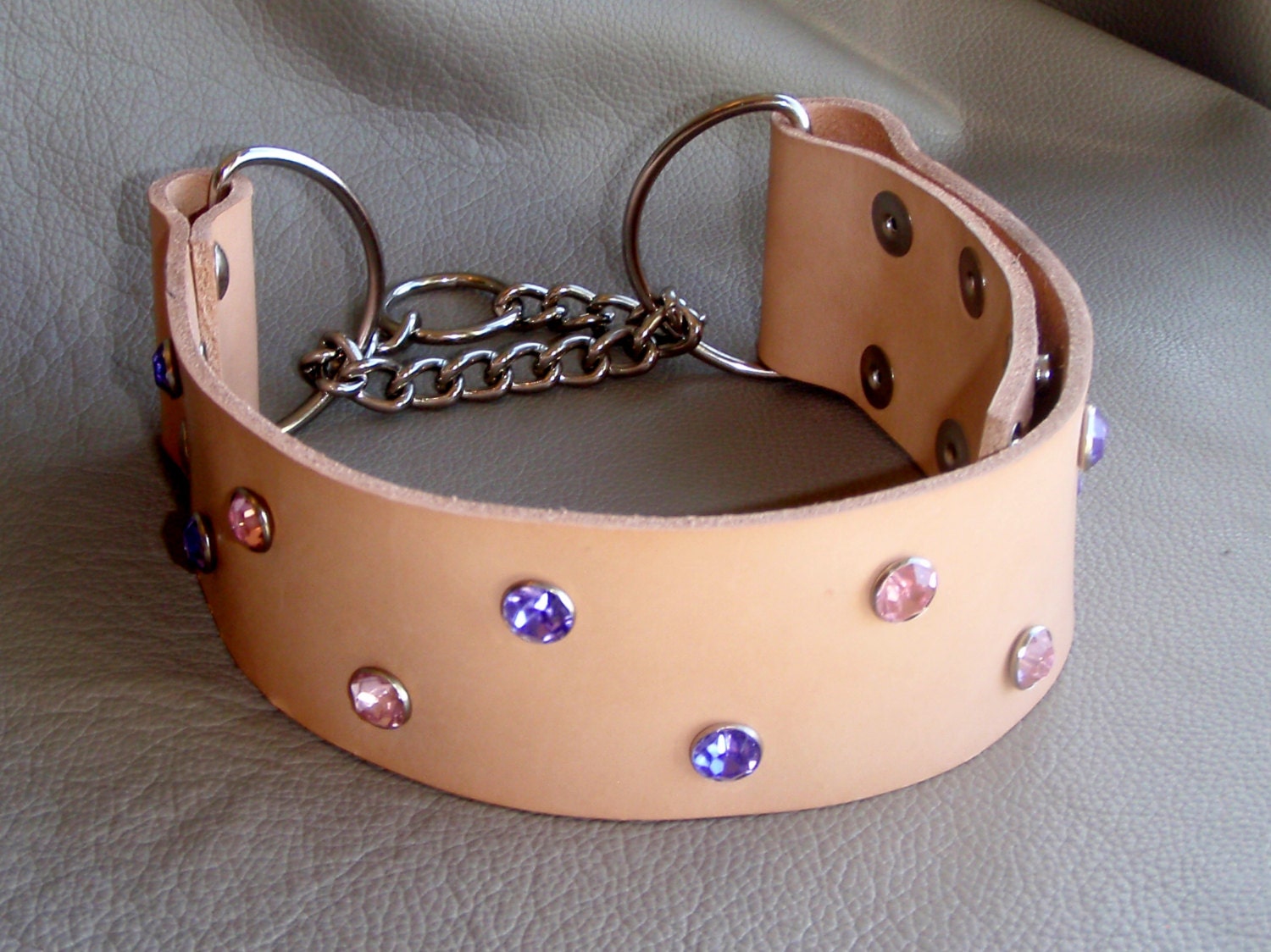 SALE Custom Made 1.5 or 2 inch width Adjustable  Leather Snap Martingale Collar with Choice of Gems and Color