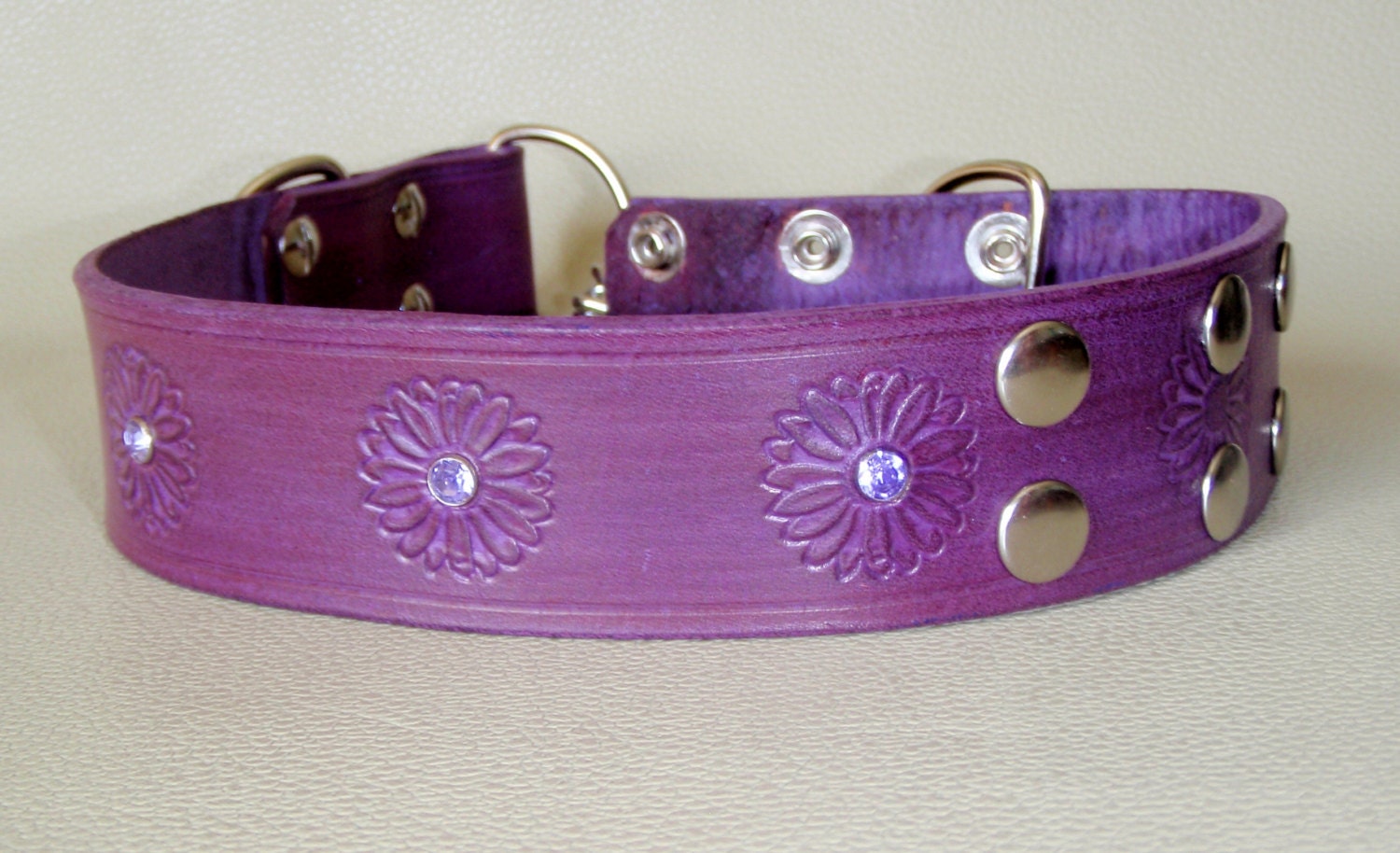 Custom Made 1.5 or 2 inch width Adjustable Leather Snap Martingale Collar with Passion Flower, Choice of Gems and Color, Extra D Ring