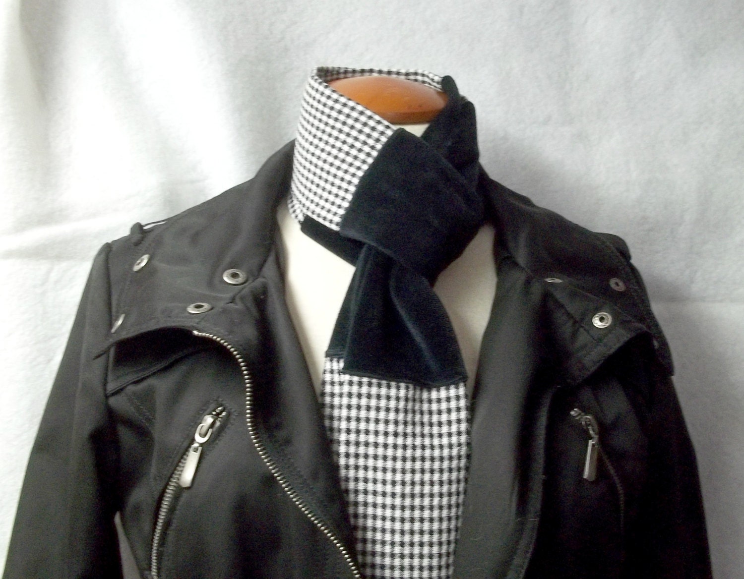 SALE Upcycled Black and white plaid patchwork Scarf velvet fabric unisex eco friendly fall winter fashion treasury item