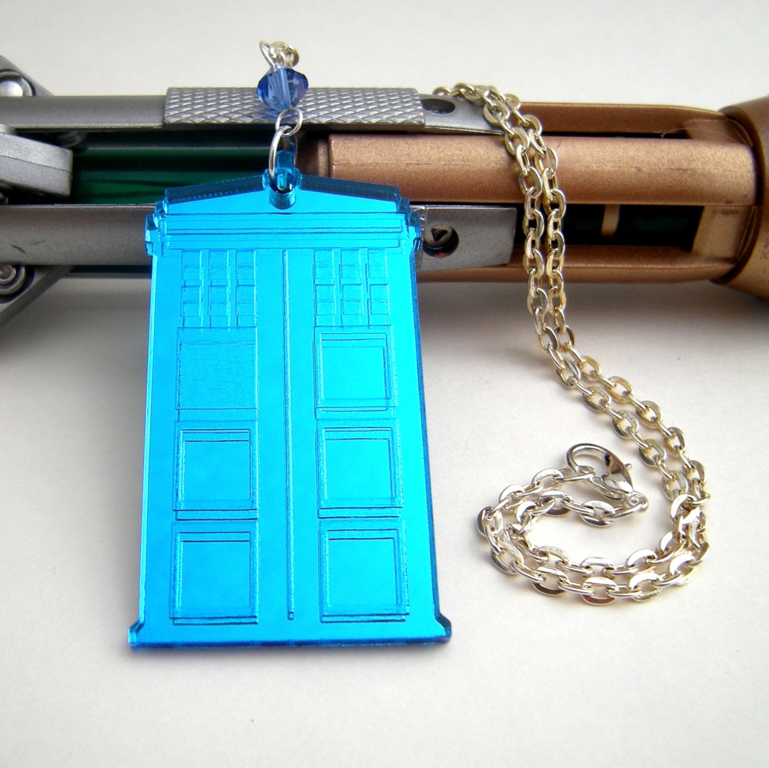 Tardis Dr. Who Mirrored Necklace, Blue Box, Police Box , Geek Time Lord Swarovski Jewelry Doctor Who Costume Cosplay