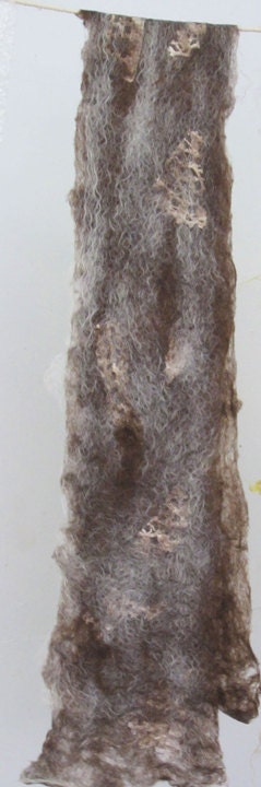 Nuno Felted Cobweb-Weight Scarf, Mohair and Wool in Brown and White with Vintage Lace