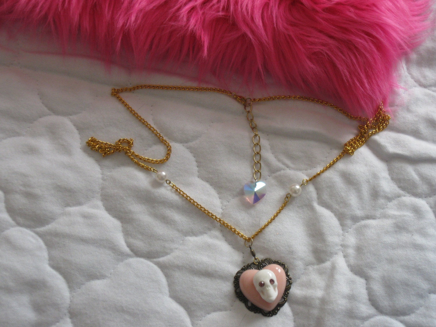 womens necklace punk rockabilly skull pink heart charm