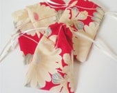 Asian Flowers on Red Drawstring Pouches-- set of 4