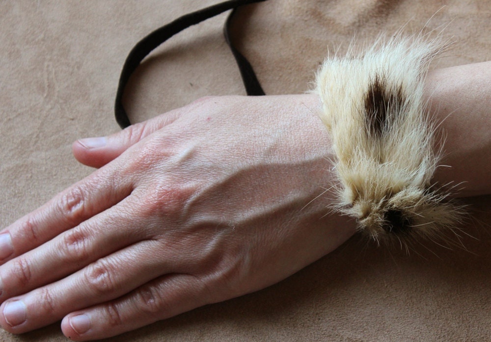 Serval fur bracelet - cuff bracelet from vintage serval fur and leather straps