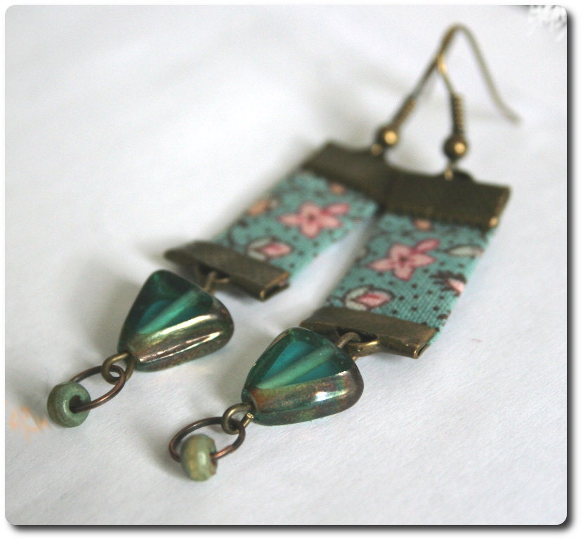 Summer Sky - blue liberty ribbon earrings, glass beads and copper