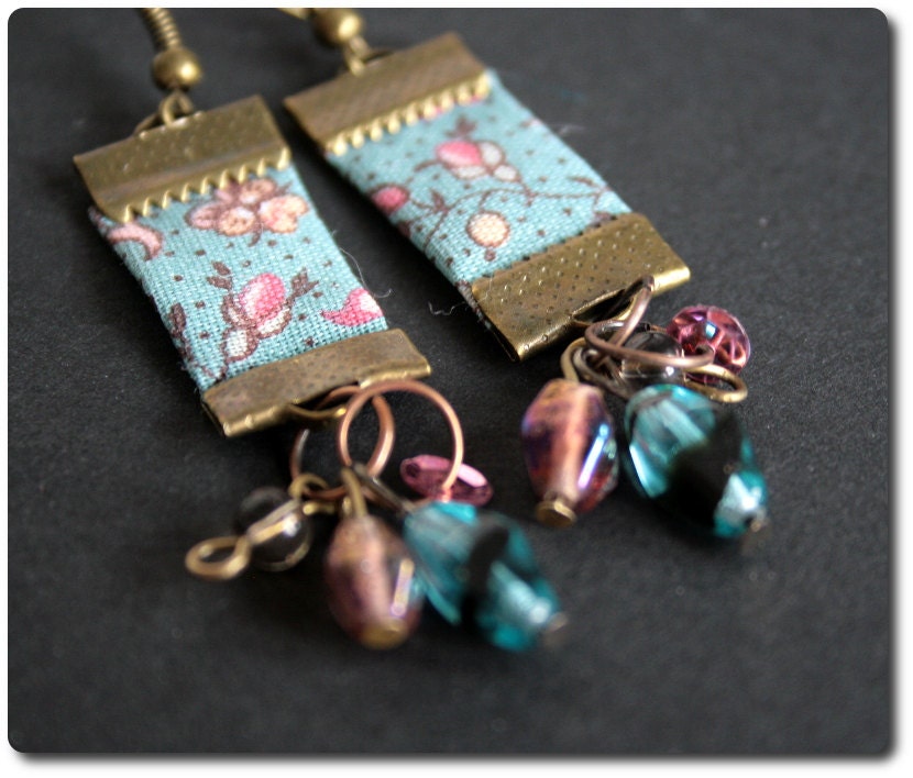 Purple Sky - blue liberty ribbon earrings, glass beads and copper